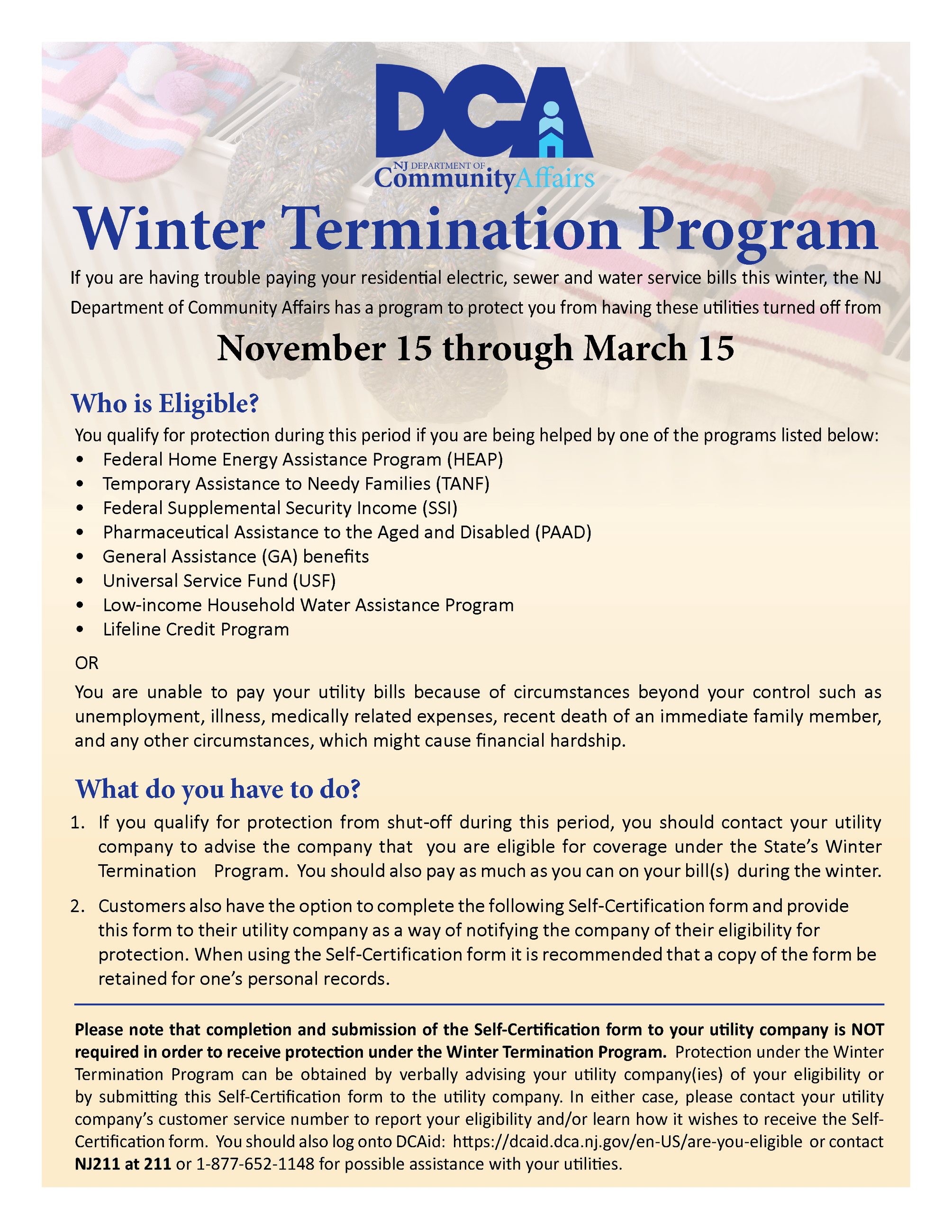 Flyer explaining the NJ Department of Community Affairs Winter Termination Program.