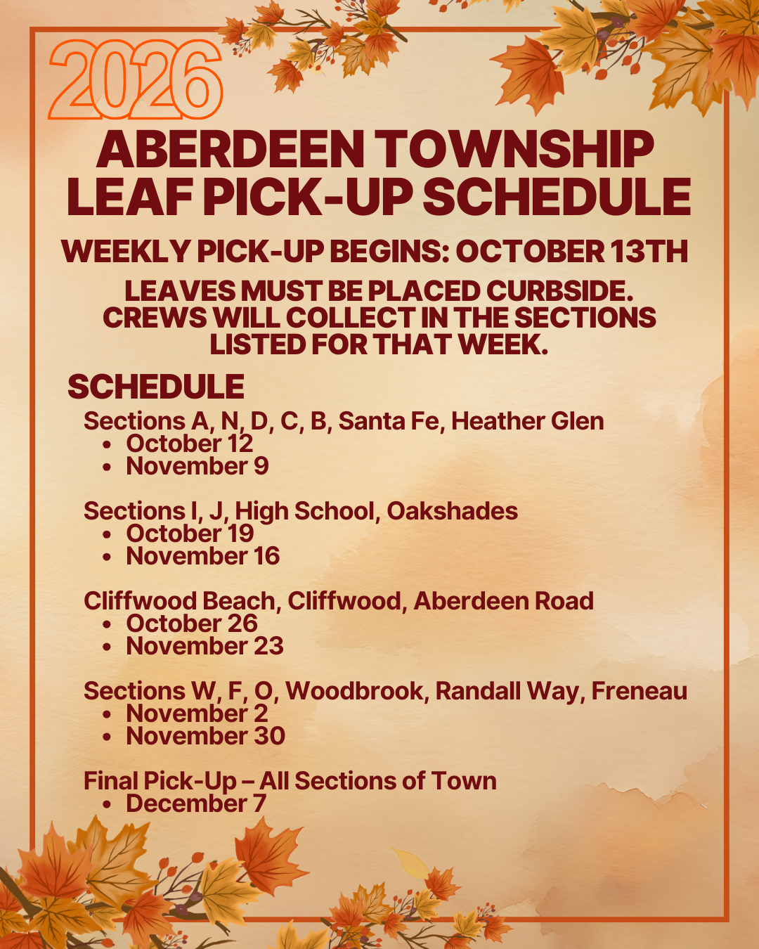 Aberdeen Township  Leaf Pick-Up Schedule2026 (Instagram Post)